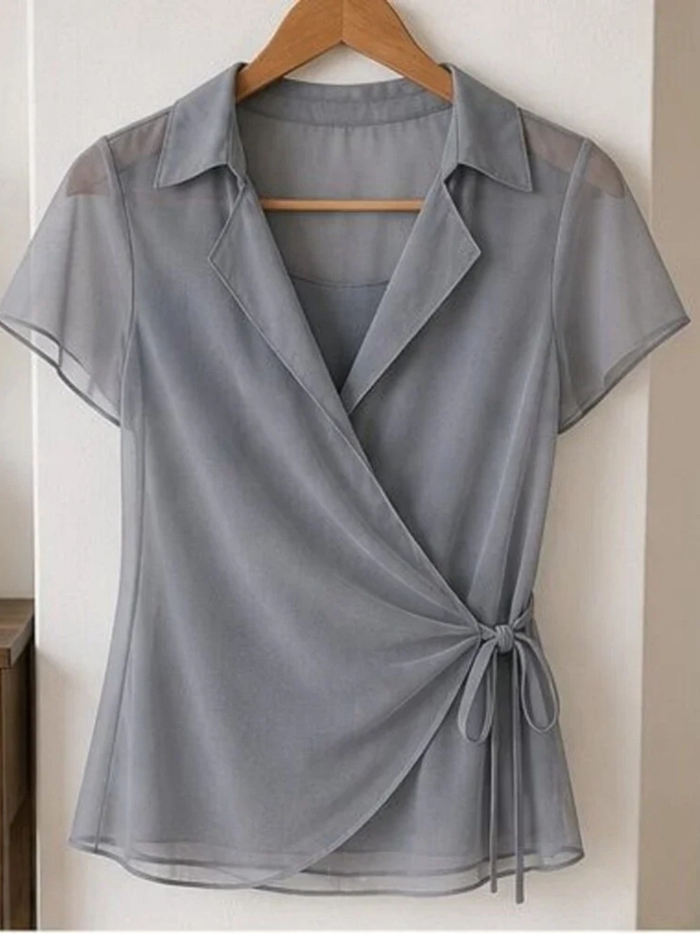 🌈 Sheer Wrap Blouse with Side Tie - Gray…